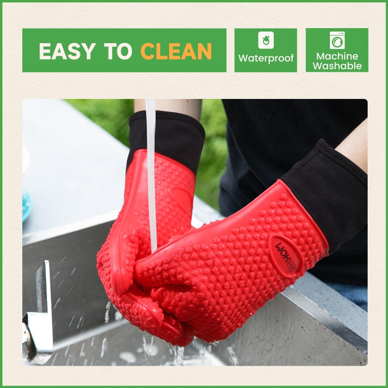 GEEKHOM BBQ Gloves Heat Resistant Oven Mitts - Silicone Grilling Gloves with 13.7" Arm Protection - Waterproof Pot Holder Non-Slip for Men & Women, Kitchen Outdoor Cooking, Baking, Camping, Red - Image 3